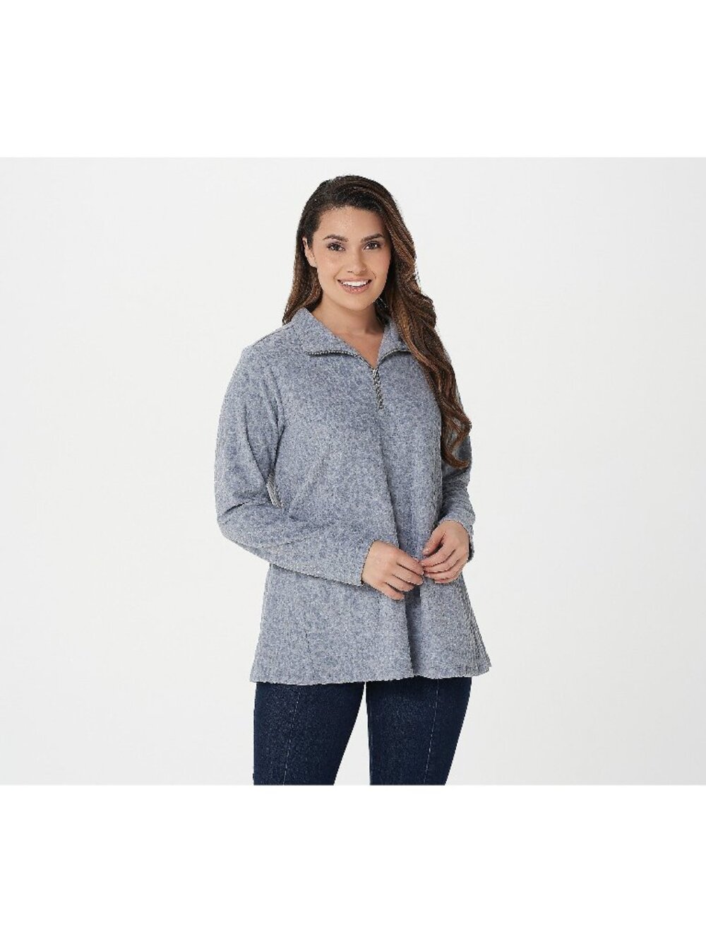 Susan Graver Weekend Top Small Burnout Jacquard Knit Half Zip Quiet Gray NEW
